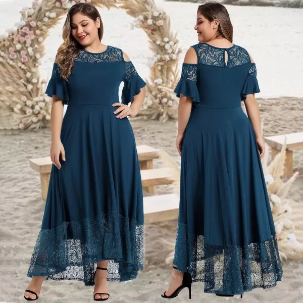 LALAGEN Womens Plus Size Lace Cold Shoulder Casual Long Plain Evening Party Maxi Dress L5XNavy Blue