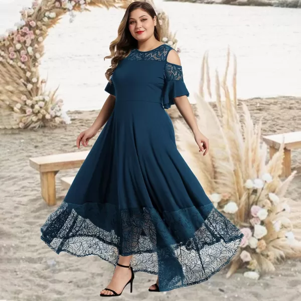 LALAGEN Womens Plus Size Lace Cold Shoulder Casual Long Plain Evening Party Maxi Dress L5XNavy Blue