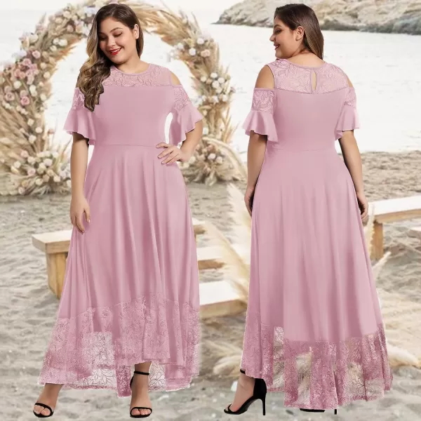 LALAGEN Womens Plus Size Lace Cold Shoulder Casual Long Plain Evening Party Maxi Dress L5XPink