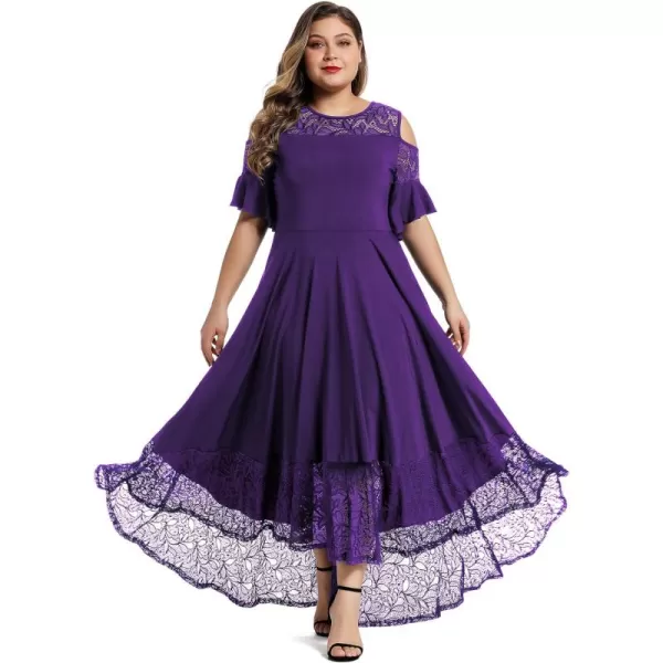 LALAGEN Womens Plus Size Lace Cold Shoulder Casual Long Plain Evening Party Maxi Dress L5XPurple