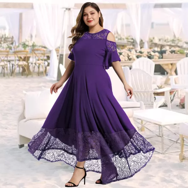 LALAGEN Womens Plus Size Lace Cold Shoulder Casual Long Plain Evening Party Maxi Dress L5XPurple