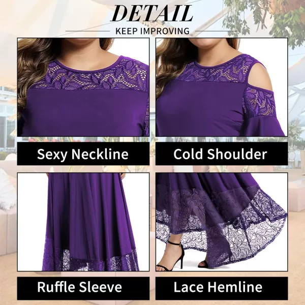 LALAGEN Womens Plus Size Lace Cold Shoulder Casual Long Plain Evening Party Maxi Dress L5XPurple