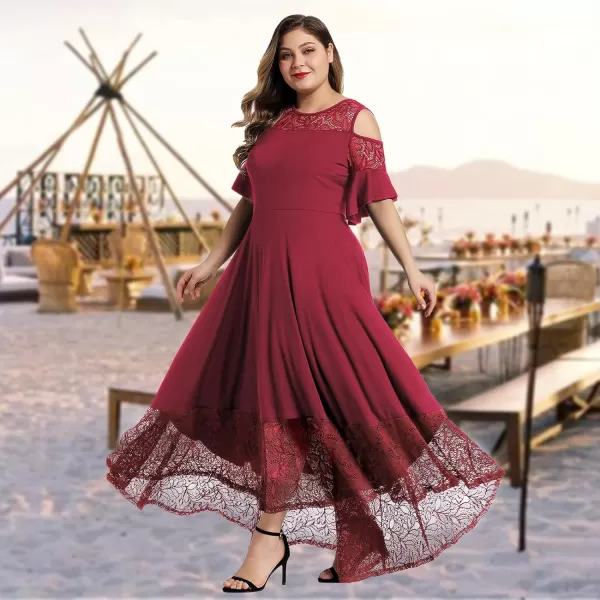 LALAGEN Womens Plus Size Lace Cold Shoulder Casual Long Plain Evening Party Maxi Dress L5XRed