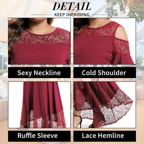 LALAGEN Womens Plus Size Lace Cold Shoulder Casual Long Plain Evening Party Maxi Dress L5XRed