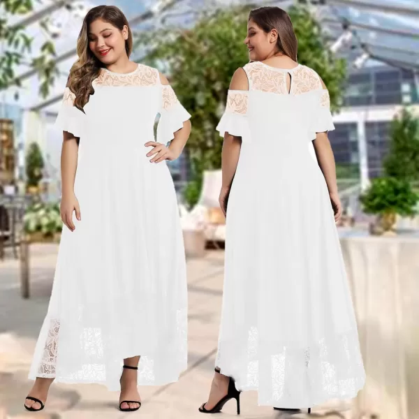 LALAGEN Womens Plus Size Lace Cold Shoulder Casual Long Plain Evening Party Maxi Dress L5XWhite