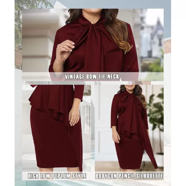 LALAGEN Womens Plus Size Long Sleeve Peplum Tie Neck Bodycon Pencil Midi DressWine