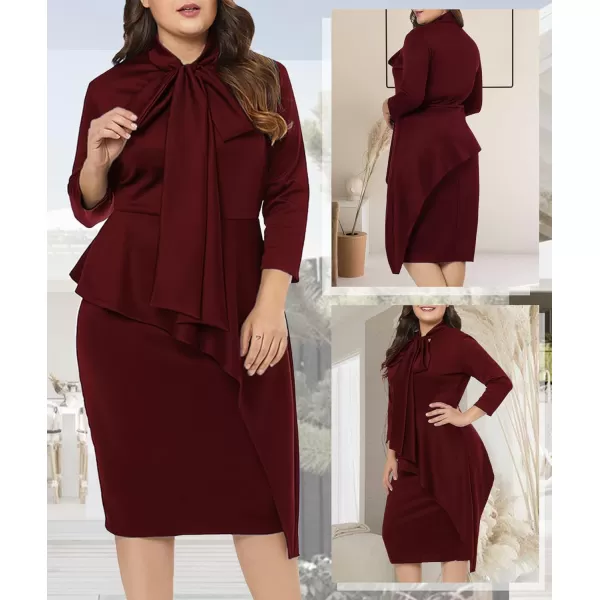 LALAGEN Womens Plus Size Long Sleeve Peplum Tie Neck Bodycon Pencil Midi DressWine