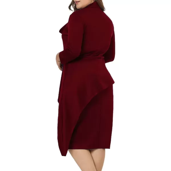 LALAGEN Womens Plus Size Long Sleeve Peplum Tie Neck Bodycon Pencil Midi DressWine