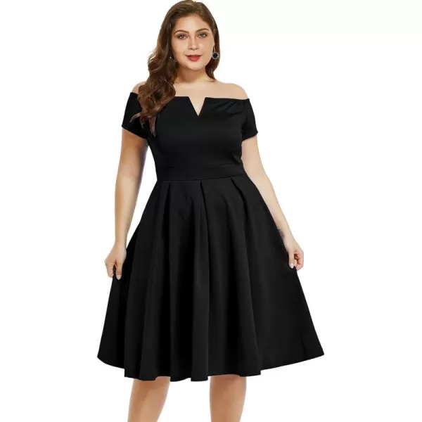 LALAGEN Womens Plus Size Vintage 1950s Party Cocktail Wedding Swing Midi DressBlack