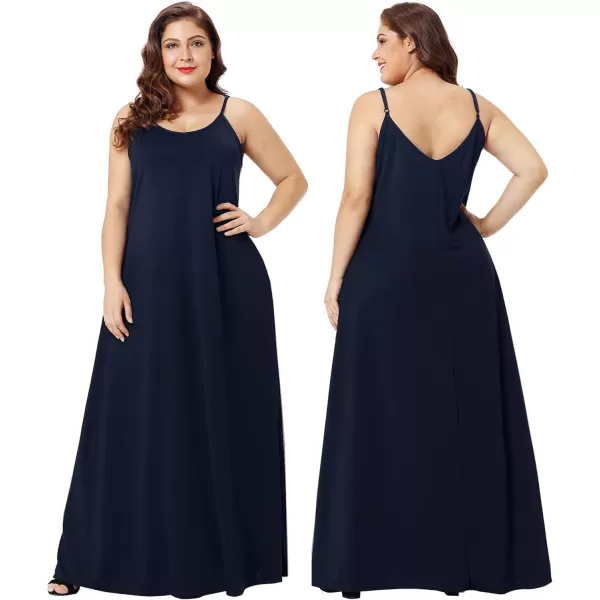 Wolddress Womens 2023 Casual Sleeveless Sundress Plus Size Loose Plain Long Summer Beach Maxi Dress with Pockets S5XNavy