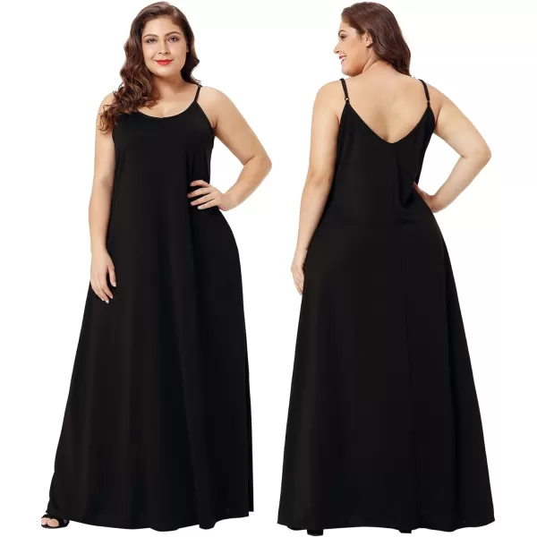 Wolddress Womens 2024 Casual Sleeveless Sundress Plus Size Loose Plain Long Summer Beach Maxi Dress with Pockets S5XBlack