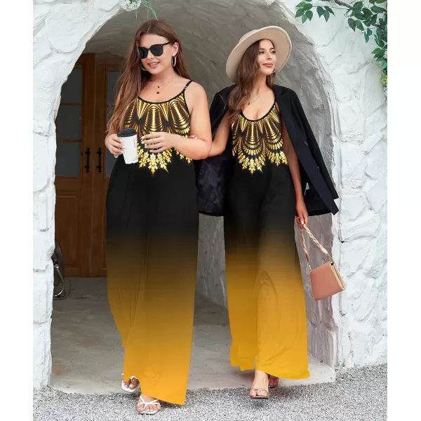 Wolddress Womens 2024 Casual Sleeveless Sundress Plus Size Loose Plain Long Summer Beach Maxi Dress with Pockets S5XBlackGold