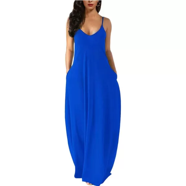 Wolddress Womens 2024 Casual Sleeveless Sundress Plus Size Loose Plain Long Summer Beach Maxi Dress with Pockets S5XBlue