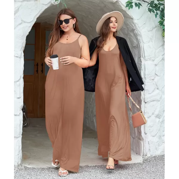 Wolddress Womens 2024 Casual Sleeveless Sundress Plus Size Loose Plain Long Summer Beach Maxi Dress with Pockets S5XLight Brown