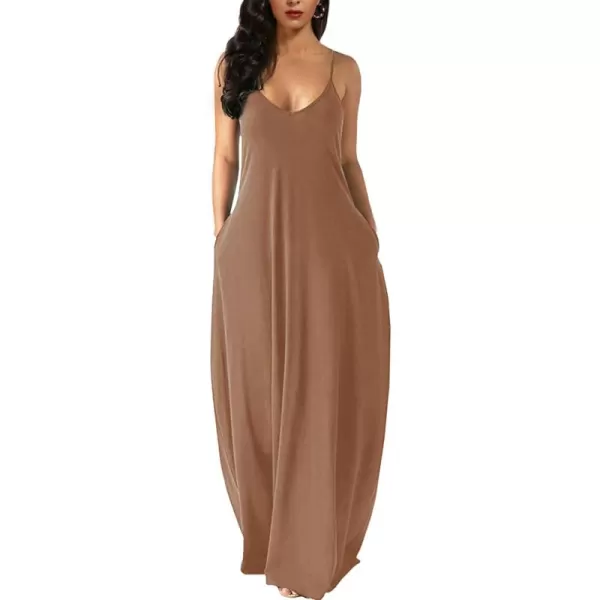 Wolddress Womens 2024 Casual Sleeveless Sundress Plus Size Loose Plain Long Summer Beach Maxi Dress with Pockets S5XLight Brown