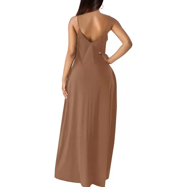 Wolddress Womens 2024 Casual Sleeveless Sundress Plus Size Loose Plain Long Summer Beach Maxi Dress with Pockets S5XLight Brown