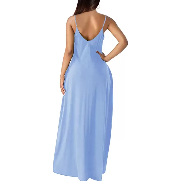 Wolddress Womens 2024 Casual Sleeveless Sundress Plus Size Loose Plain Long Summer Beach Maxi Dress with Pockets S5XPowder Blue