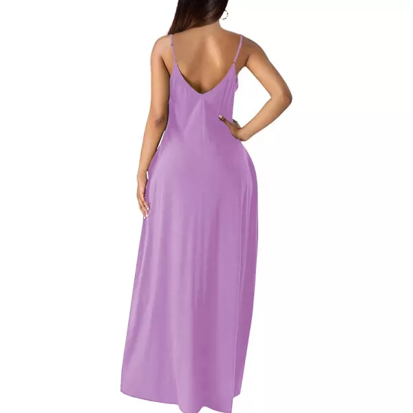 Wolddress Womens 2024 Casual Sleeveless Sundress Plus Size Loose Plain Long Summer Beach Maxi Dress with Pockets S5XViolet