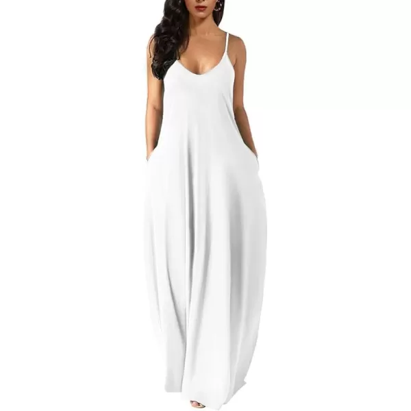 Wolddress Womens 2024 Casual Sleeveless Sundress Plus Size Loose Plain Long Summer Beach Maxi Dress with Pockets S5XWhite