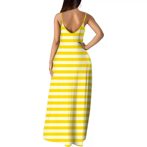 Wolddress Womens 2024 Casual Sleeveless Sundress Plus Size Loose Plain Long Summer Beach Maxi Dress with Pockets S5XYellow White Stripe