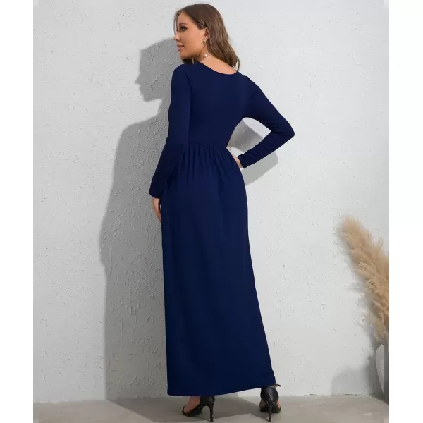 Wolddress Womens Casual Long Sleeve Plus Size Loose Plain Long Maxi Dress with PocketsLong Sleevenavy Blue