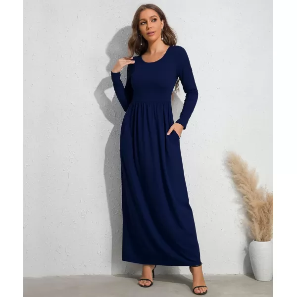 Wolddress Womens Casual Long Sleeve Plus Size Loose Plain Long Maxi Dress with PocketsLong Sleevenavy Blue