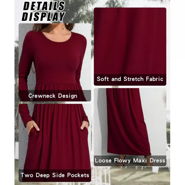 Wolddress Womens Casual Long Sleeve Plus Size Loose Plain Long Maxi Dress with PocketsLong Sleevewine Red