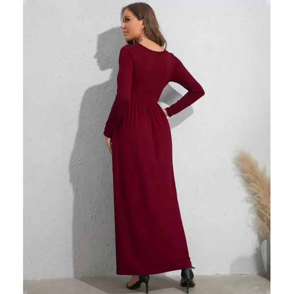 Wolddress Womens Casual Long Sleeve Plus Size Loose Plain Long Maxi Dress with PocketsLong Sleevewine Red