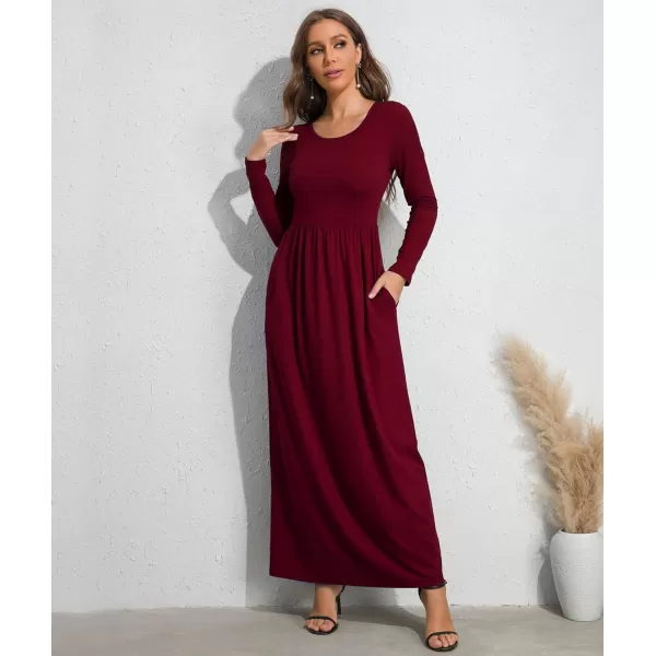 Wolddress Womens Casual Long Sleeve Plus Size Loose Plain Long Maxi Dress with PocketsLong Sleevewine Red