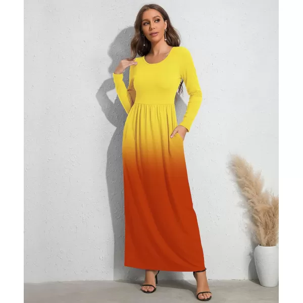 Wolddress Womens Casual Long Sleeve Plus Size Loose Plain Long Maxi Dress with PocketsLong Sleeveyellow Orange