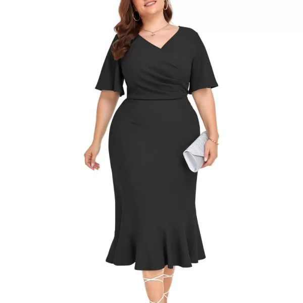 LALAGEN Plus Size Dress for Women Modest Short Sleeve Ruched Bodycon Mermaid Cocktail Midi Dresses 1X6XBlack