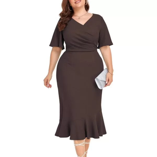 LALAGEN Plus Size Dress for Women Modest Short Sleeve Ruched Bodycon Mermaid Cocktail Midi Dresses 1X6XBrown