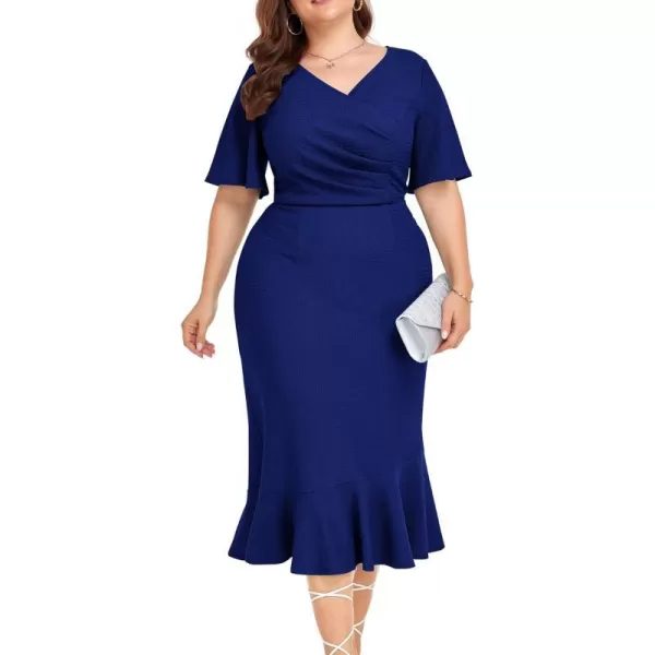 LALAGEN Plus Size Dress for Women Modest Short Sleeve Ruched Bodycon Mermaid Cocktail Midi Dresses 1X6XDark Blue