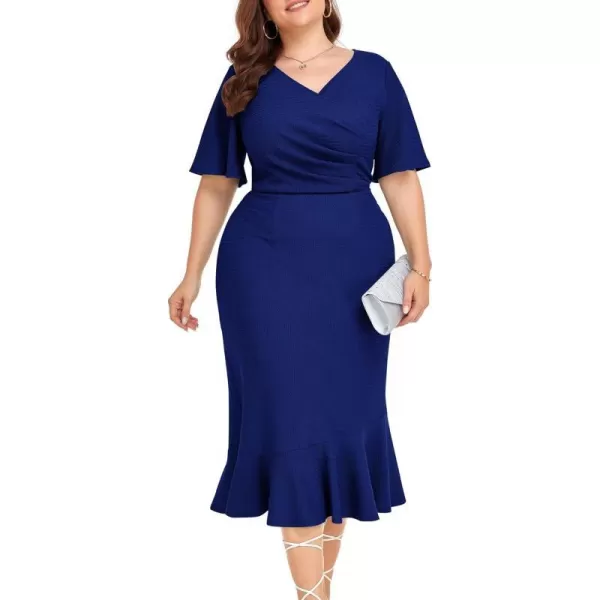 LALAGEN Plus Size Dress for Women Modest Short Sleeve Ruched Bodycon Mermaid Cocktail Midi Dresses 1X6XDark Blue240126