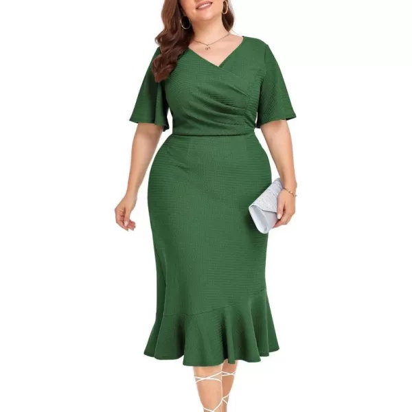 LALAGEN Plus Size Dress for Women Modest Short Sleeve Ruched Bodycon Mermaid Cocktail Midi Dresses 1X6XDark Green