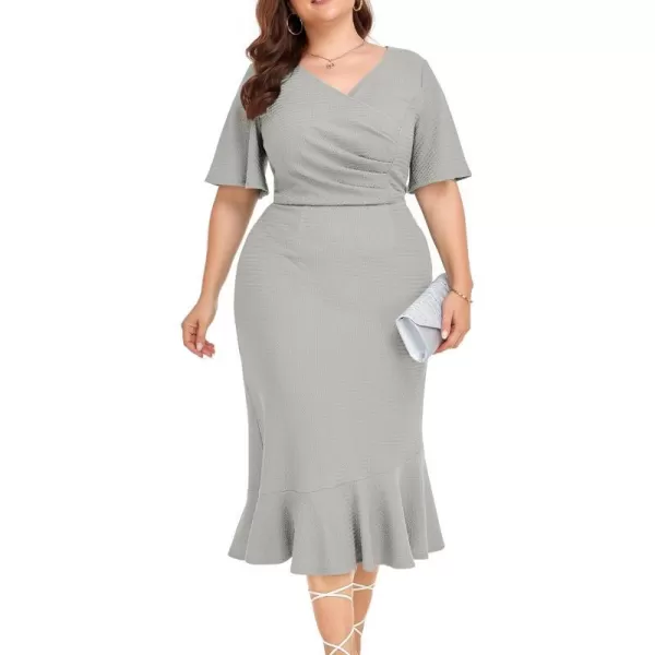 LALAGEN Plus Size Dress for Women Modest Short Sleeve Ruched Bodycon Mermaid Cocktail Midi Dresses 1X6XGrey