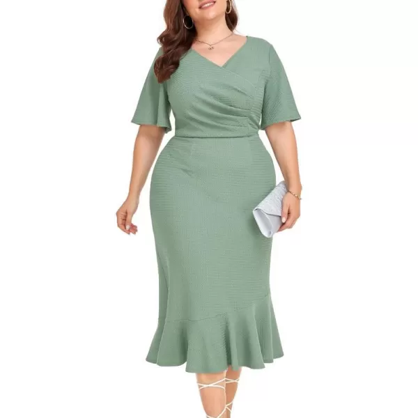 LALAGEN Plus Size Dress for Women Modest Short Sleeve Ruched Bodycon Mermaid Cocktail Midi Dresses 1X6XLake Green