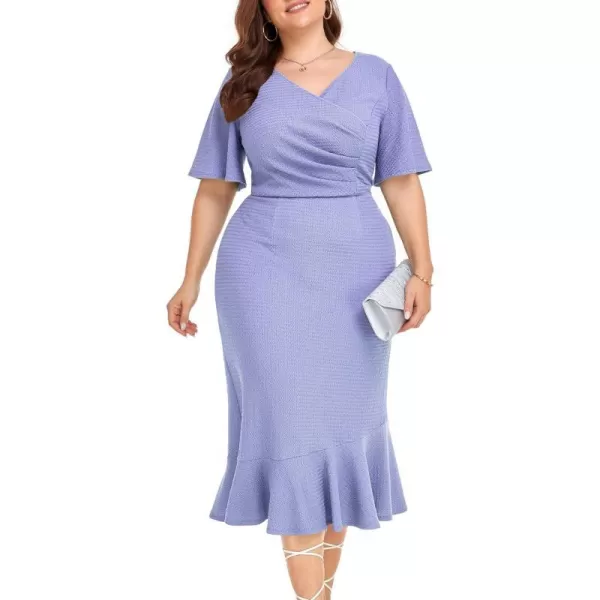 LALAGEN Plus Size Dress for Women Modest Short Sleeve Ruched Bodycon Mermaid Cocktail Midi Dresses 1X6XLight Blue