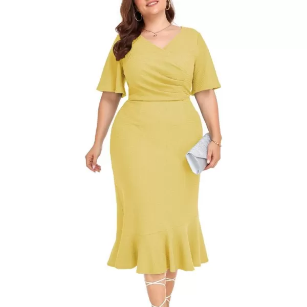 LALAGEN Plus Size Dress for Women Modest Short Sleeve Ruched Bodycon Mermaid Cocktail Midi Dresses 1X6XMustard