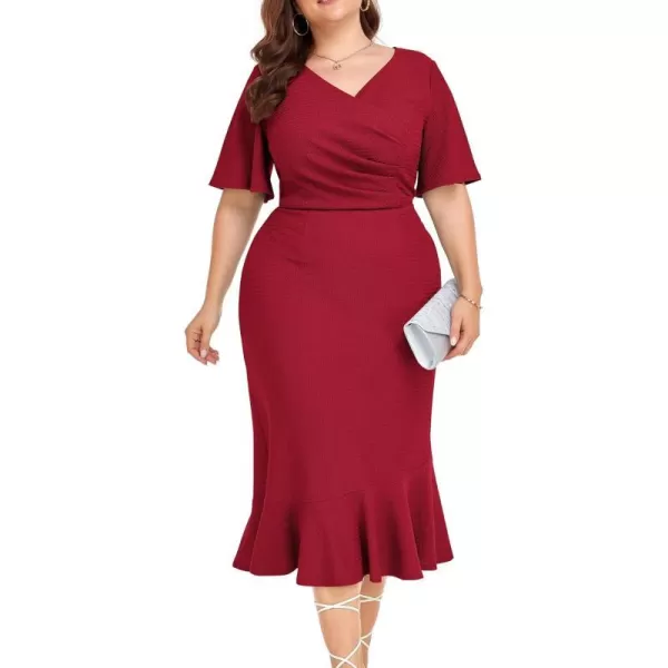 LALAGEN Plus Size Dress for Women Modest Short Sleeve Ruched Bodycon Mermaid Cocktail Midi Dresses 1X6XRed