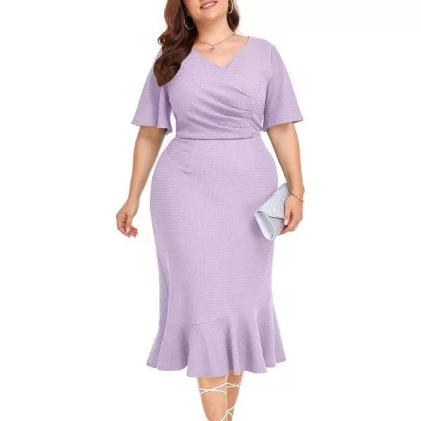 LALAGEN Plus Size Dress for Women Modest Short Sleeve Ruched Bodycon Mermaid Cocktail Midi Dresses 1X6XViolet240126