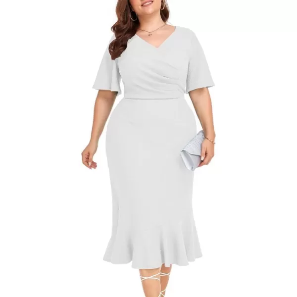 LALAGEN Plus Size Dress for Women Modest Short Sleeve Ruched Bodycon Mermaid Cocktail Midi Dresses 1X6XWhite240126