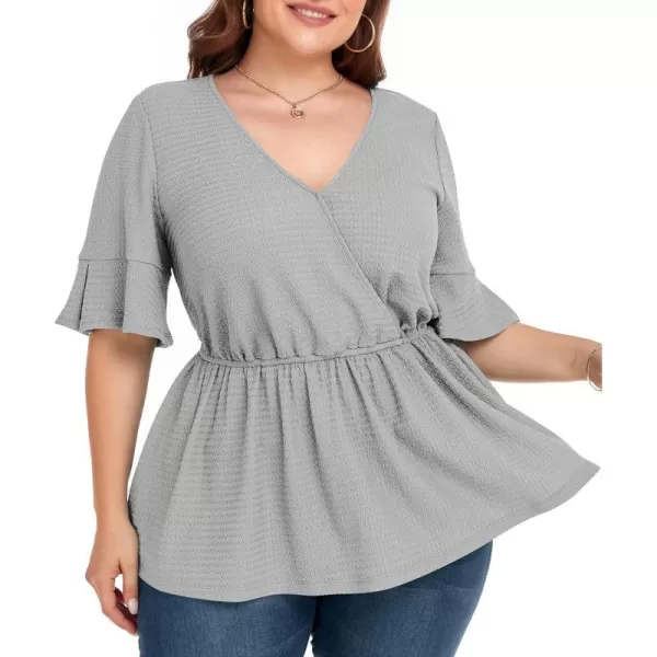 LALAGEN Plus Size Tops for Women Casual Peplum Blouse Short Sleeve V Neck Dressy Top 1X6XGrey