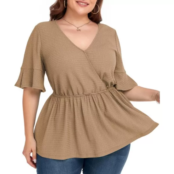 LALAGEN Plus Size Tops for Women Casual Peplum Blouse Short Sleeve V Neck Dressy Top 1X6XKhaki