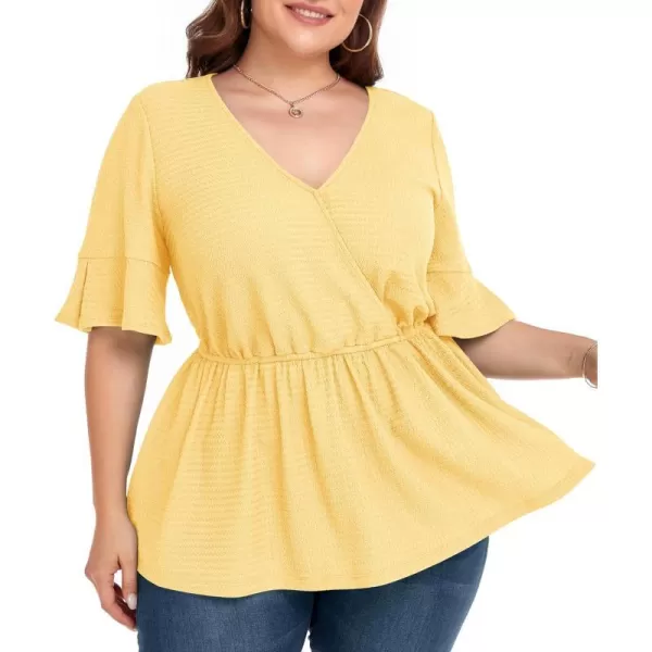 LALAGEN Plus Size Tops for Women Casual Peplum Blouse Short Sleeve V Neck Dressy Top 1X6XYellow