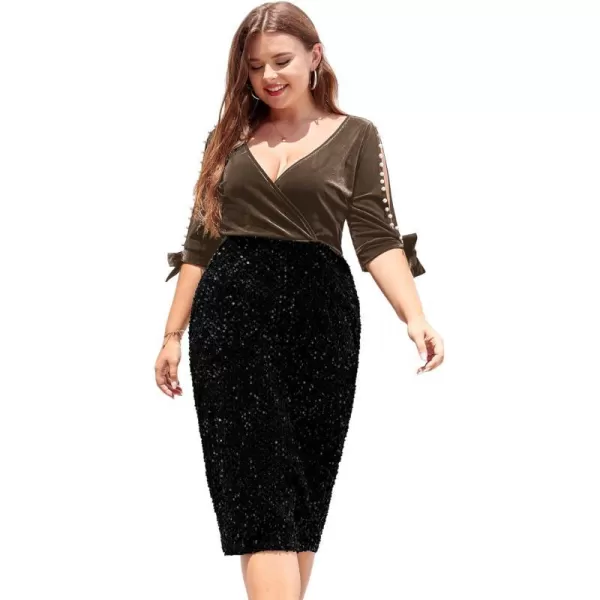 LALAGEN Women Plus Size Bodycon Pencil Midi Dress Stretchy Sequin Wrap V Neck Half Sleeve Velvet Party Dress 1X5XCoffee Black