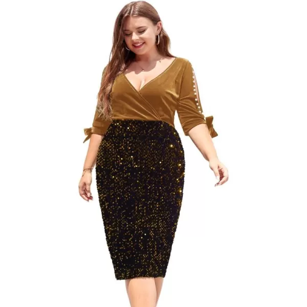 LALAGEN Women Plus Size Bodycon Pencil Midi Dress Stretchy Sequin Wrap V Neck Half Sleeve Velvet Party Dress 1X5XGolden