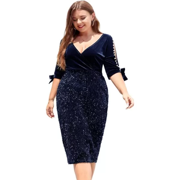 LALAGEN Women Plus Size Bodycon Pencil Midi Dress Stretchy Sequin Wrap V Neck Half Sleeve Velvet Party Dress 1X5XNavy