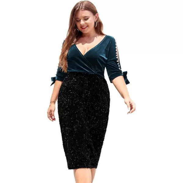 LALAGEN Women Plus Size Bodycon Pencil Midi Dress Stretchy Sequin Wrap V Neck Half Sleeve Velvet Party Dress 1X5XPeacock Blue