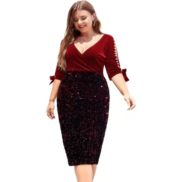 LALAGEN Women Plus Size Bodycon Pencil Midi Dress Stretchy Sequin Wrap V Neck Half Sleeve Velvet Party Dress 1X5XRed